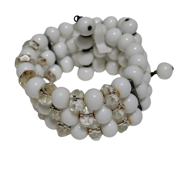 Antique White Glass & Crystal Bead Wire Strand Beaded Stiff Wire Cuff Bracelet - Picture 3 of 5